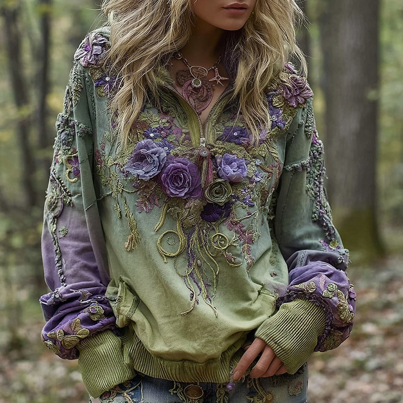 Women's Vintage Floral Embroidery Pattern Warm Zip-up Sweatshirt