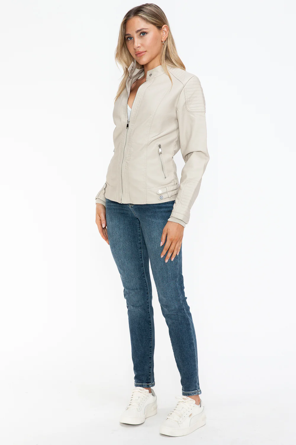 Faux Leather Biker Jacket with Side Zip Pockets