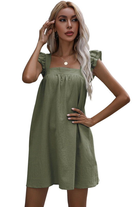 Ladies Loose Short Skirt Ruffle Vest Cotton Linen Dress