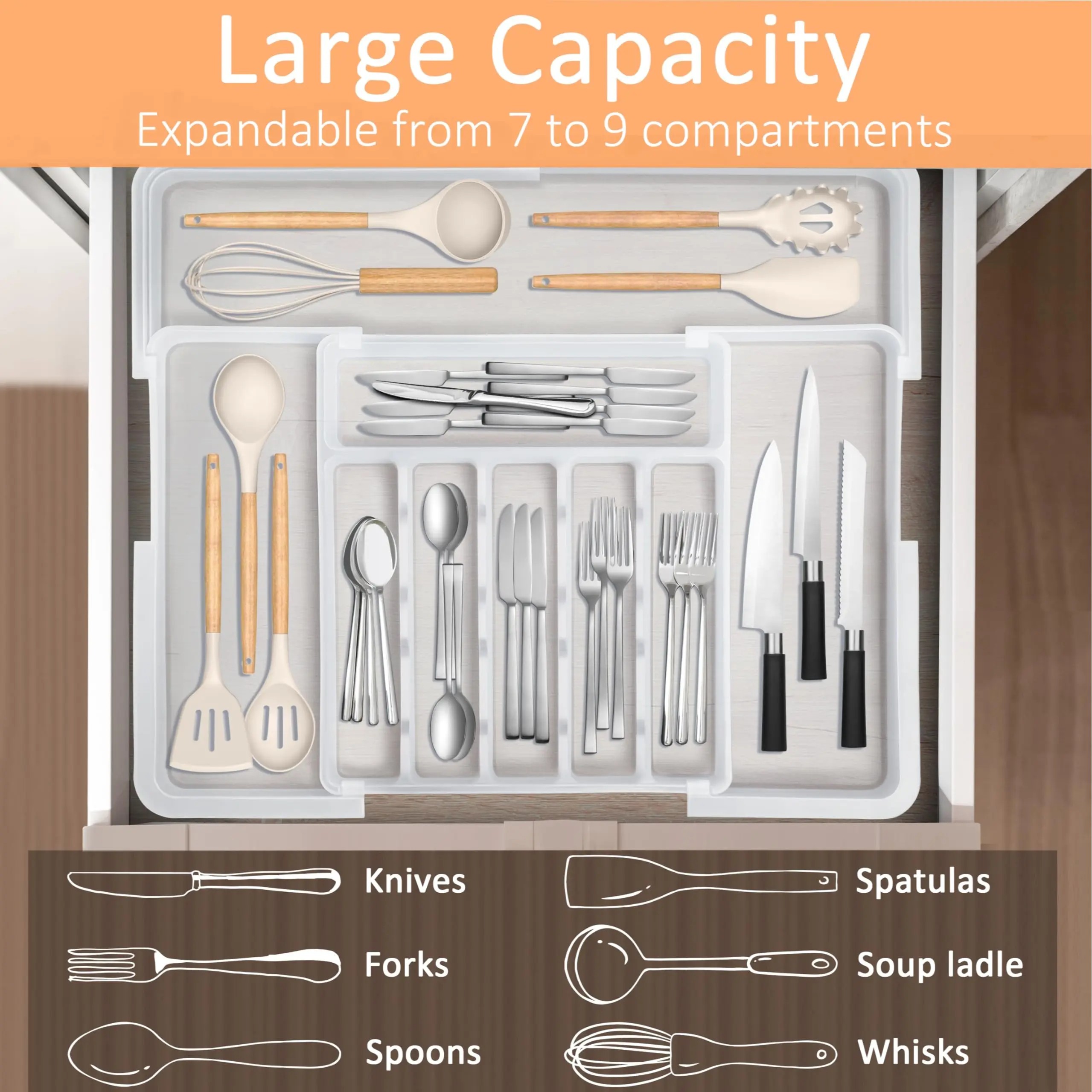 🔥3-PACK $24🔥Expandable Silverware Organizer – 9 Compartment, Adjustable 13