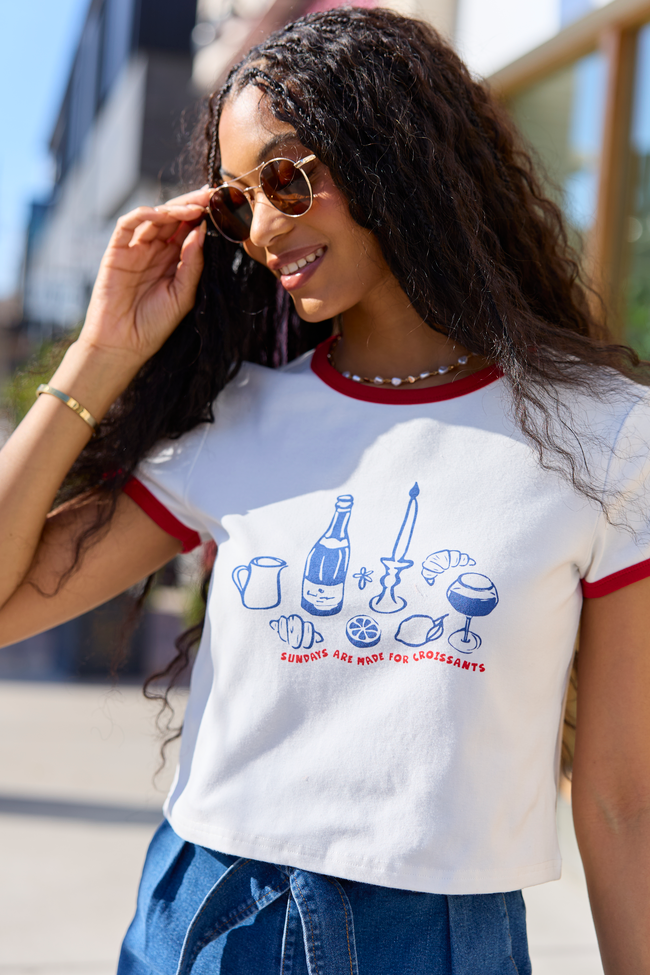 Croissants For Dinner White Graphic Cropped Tee