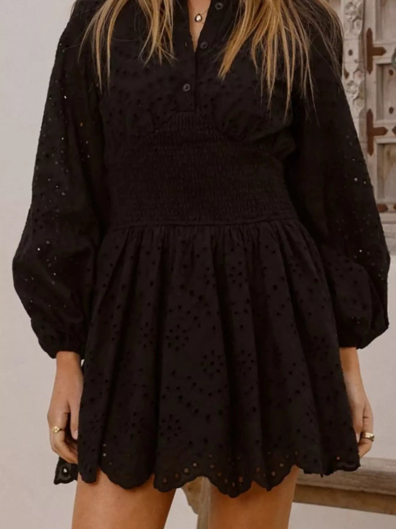 Eyelet Balloon Sleeve Mini Dress