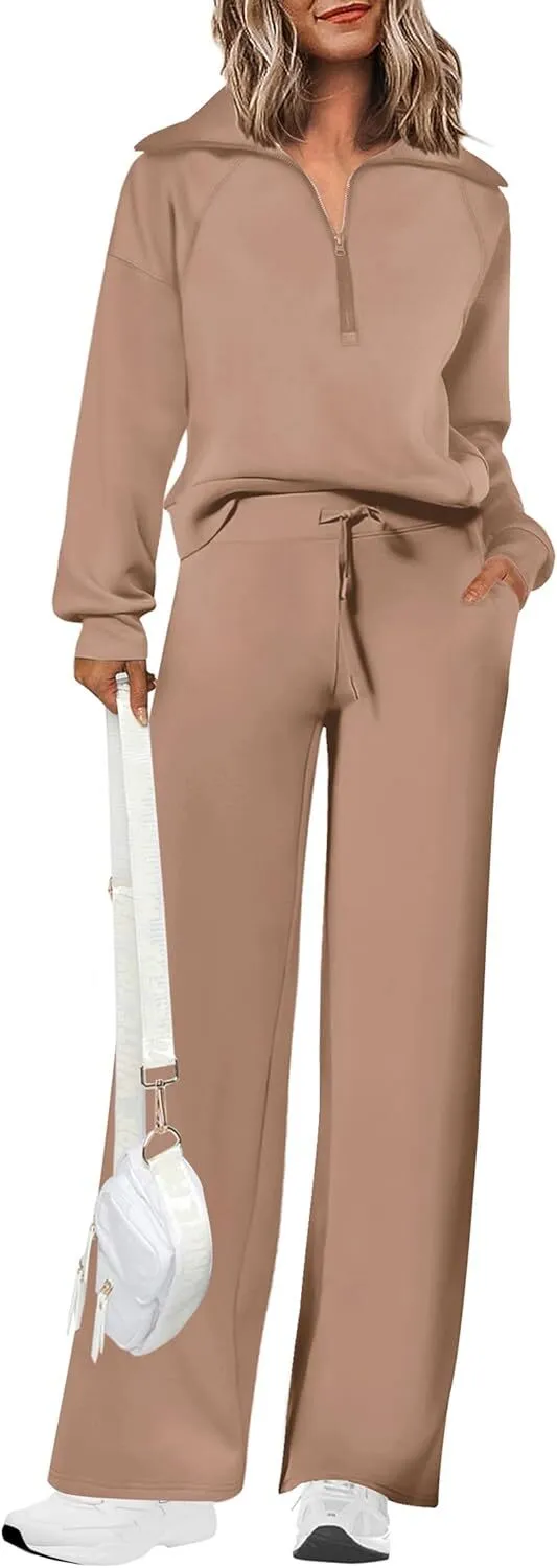 🔥Final Day Clearance!🛒Women's 2 Piece Outfits Casual Lapel Half Zip Sweatshirts And Wide Leg Pants Tracksuit Sets