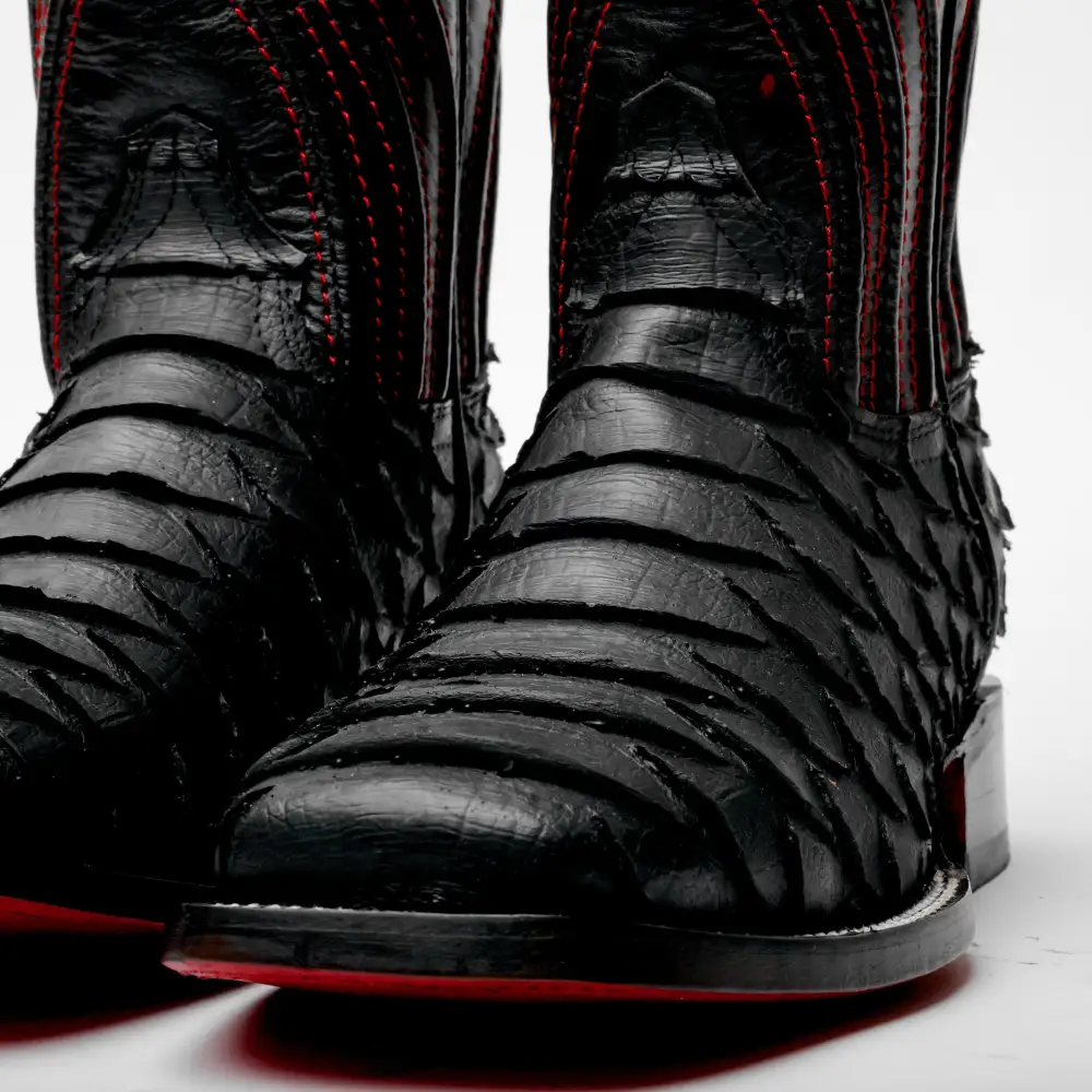 Matte Black Jumbo Python Leather Boots - Square Toe