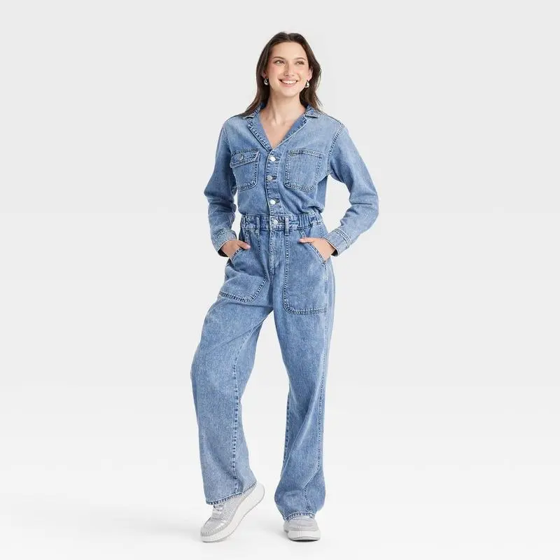 Women's Long-Sleeve Baggy Utility Denim Jumpsuit