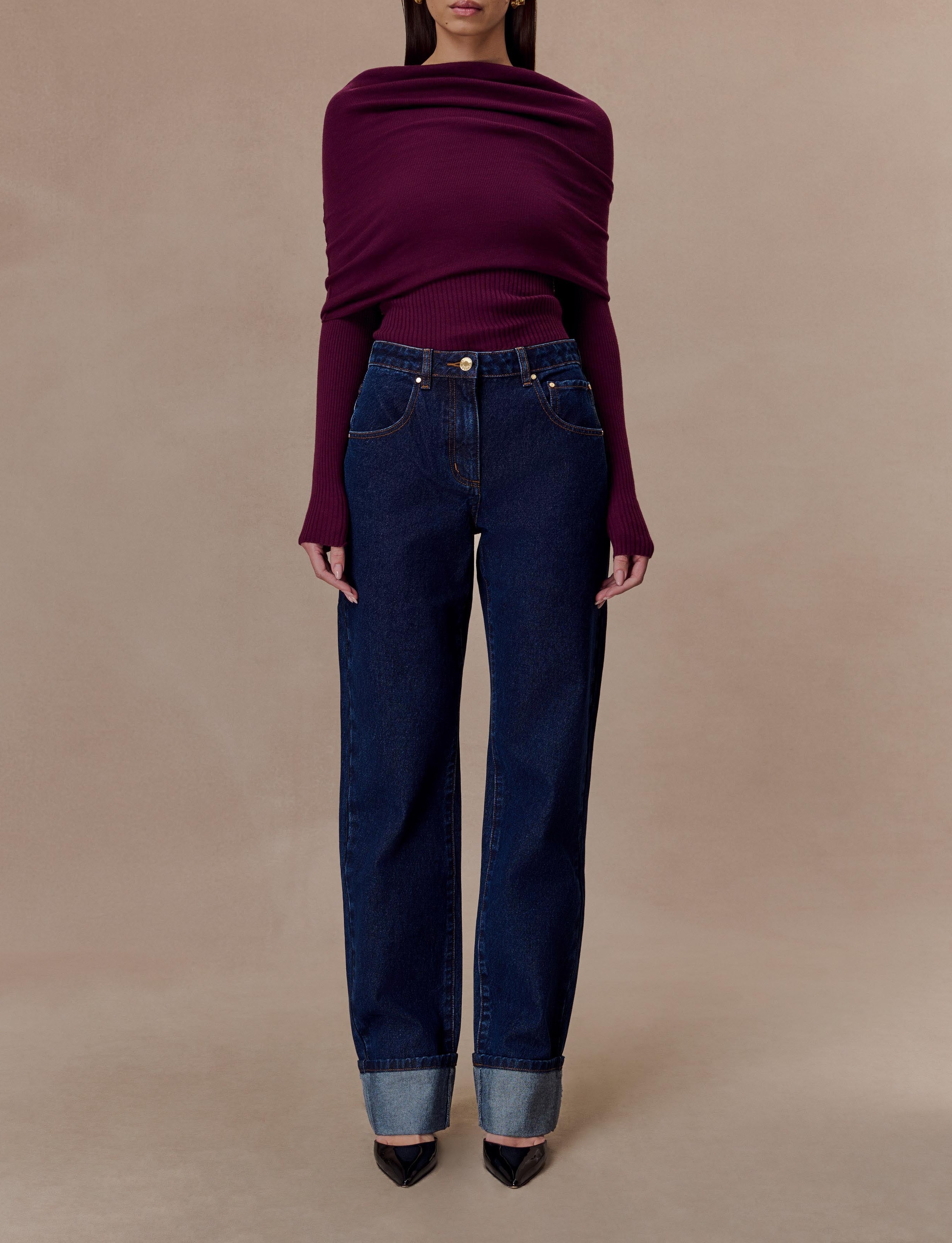 Blue Straight Leg Cuffed Jeans