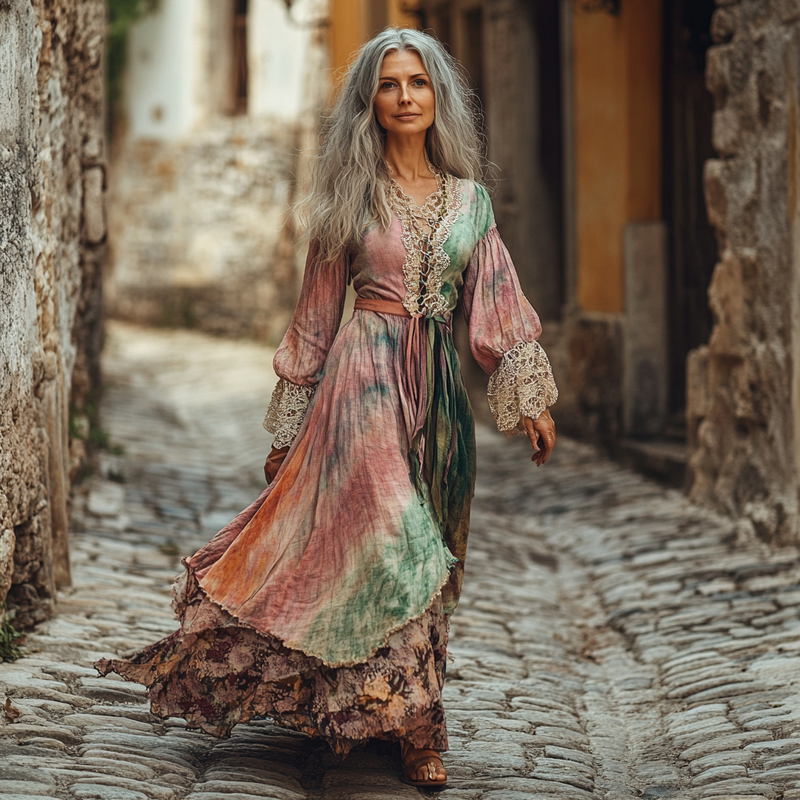 Vintage Loose Linen Patchwork Dress 7e08