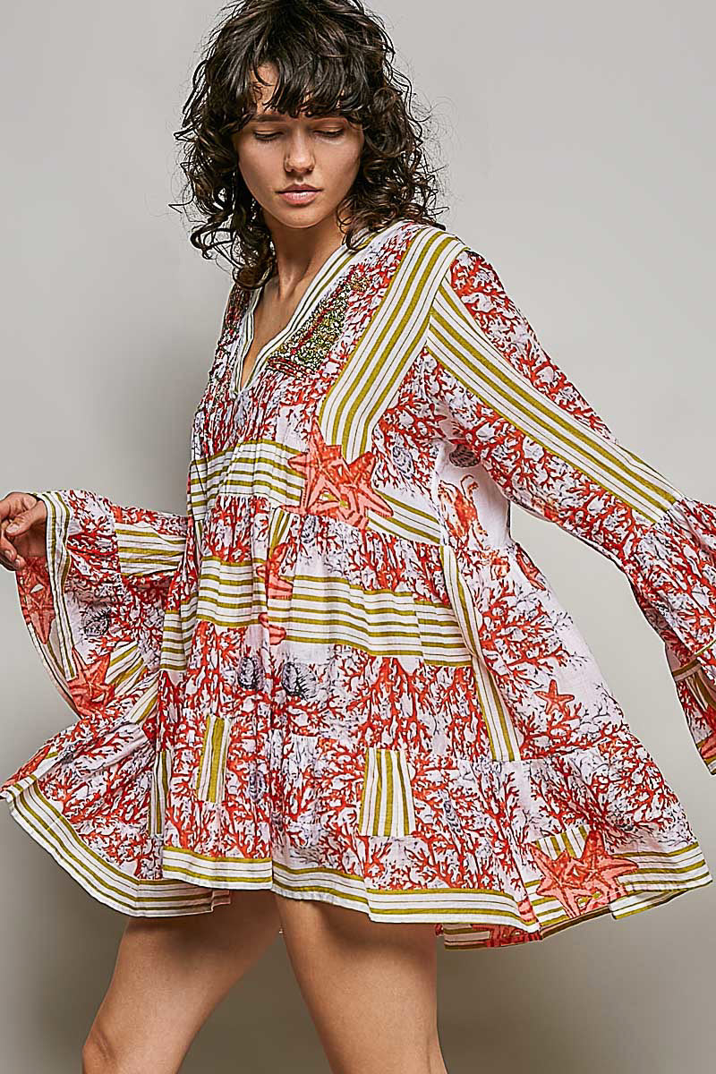 Pintuck Detail Striped Floral Long Sleeve Mini Dress