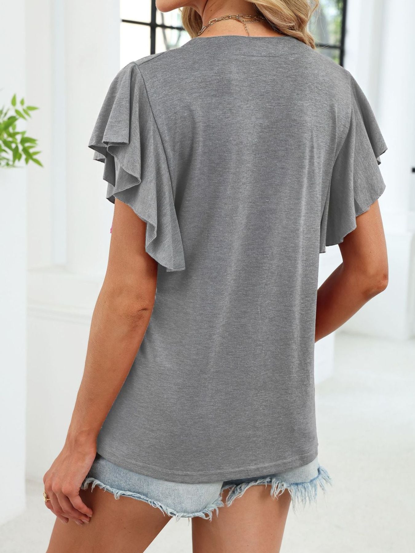 Ruffle Sleeve Notched T-Shirt