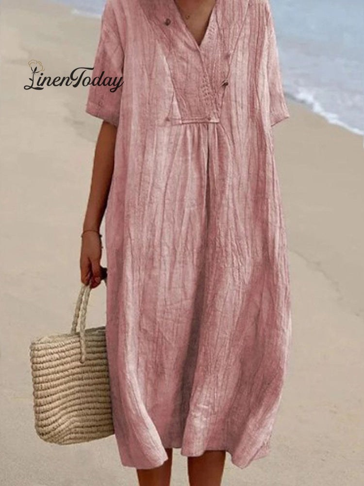 Women's Solid Color Cotton And Linen Short Sleeve Dress