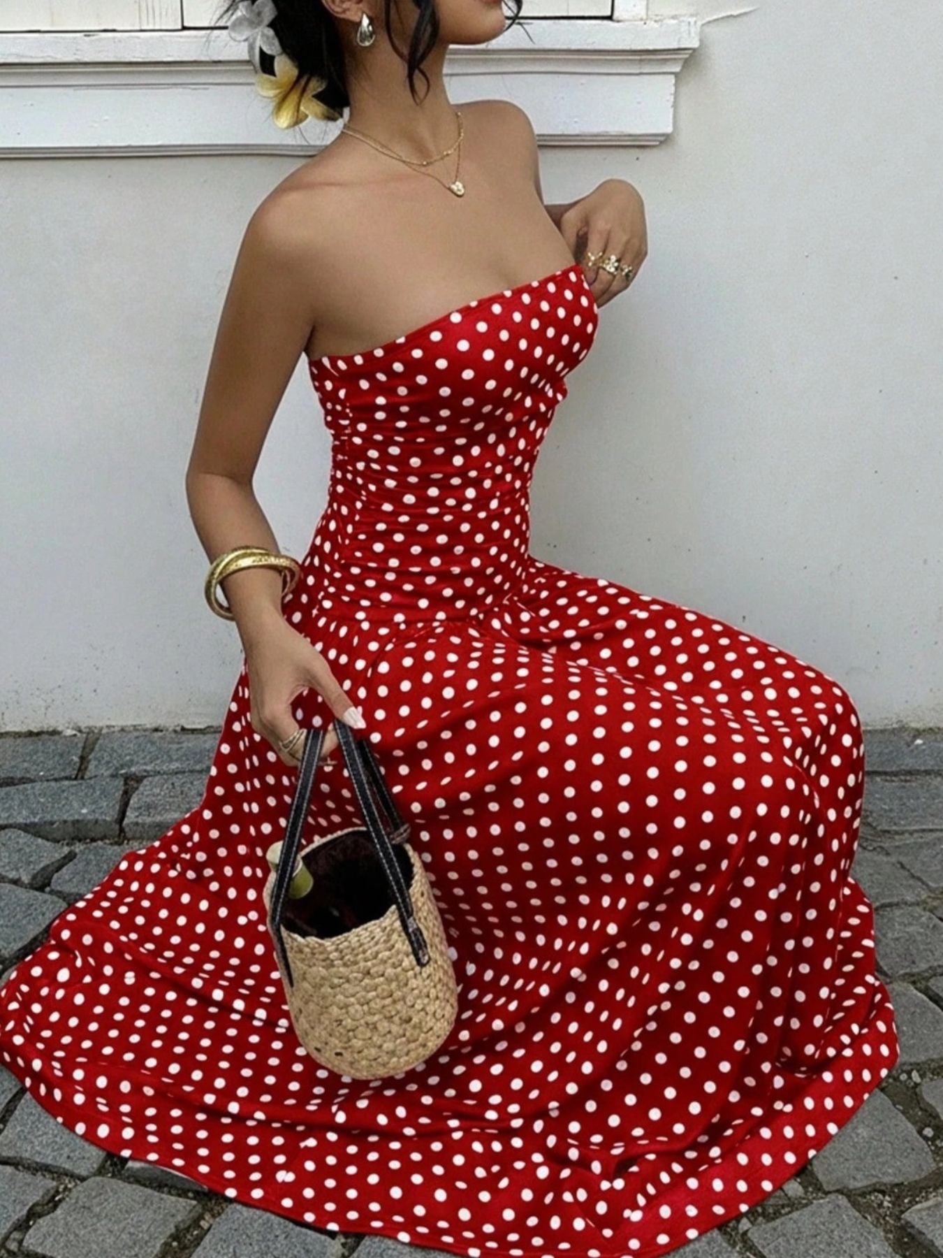 Polka Dot Strapless Maxi Dress