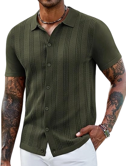 Men's Knit Shirts Short Sleeve Casual Button Down Polo Shirt Summer Beach Vacation Shirts Outfit Top