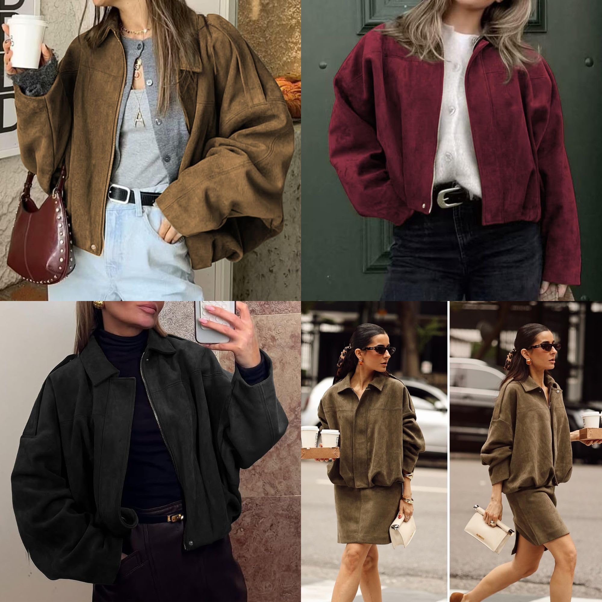 Xunger Women's Faux Suede Bomber Jacket Spring Lapel Pilot Coat Casual Oversized Long Sleeves Trendy Streetwear Outerwear