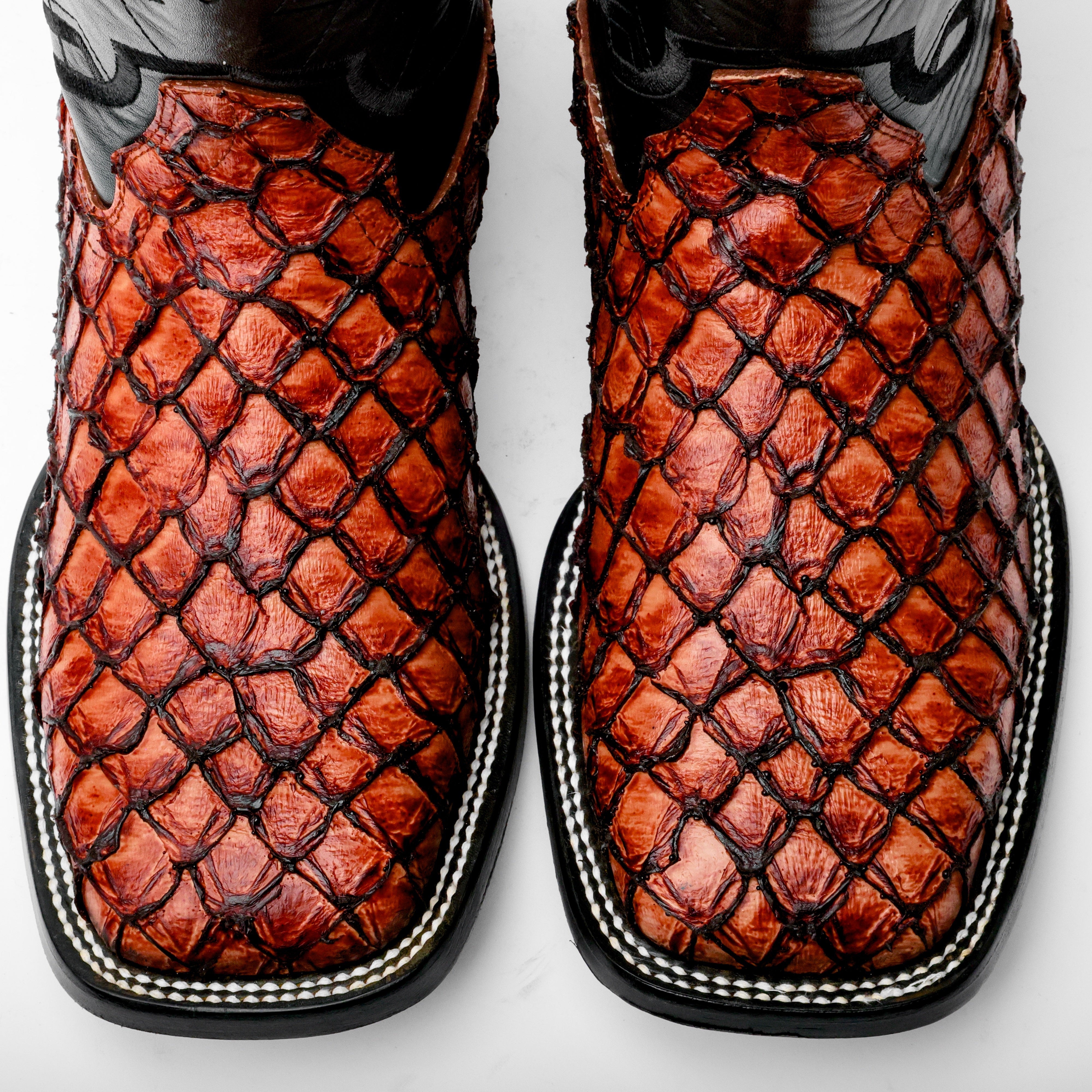 Cognac Mini Pirarucu Leather Boots - Square Toe