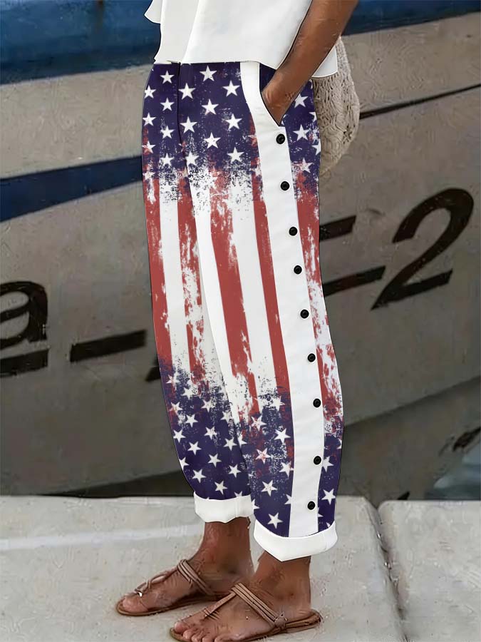 Women'S Casual American Independence Day 250Th Anniversary Printed Casual Button Design Pants