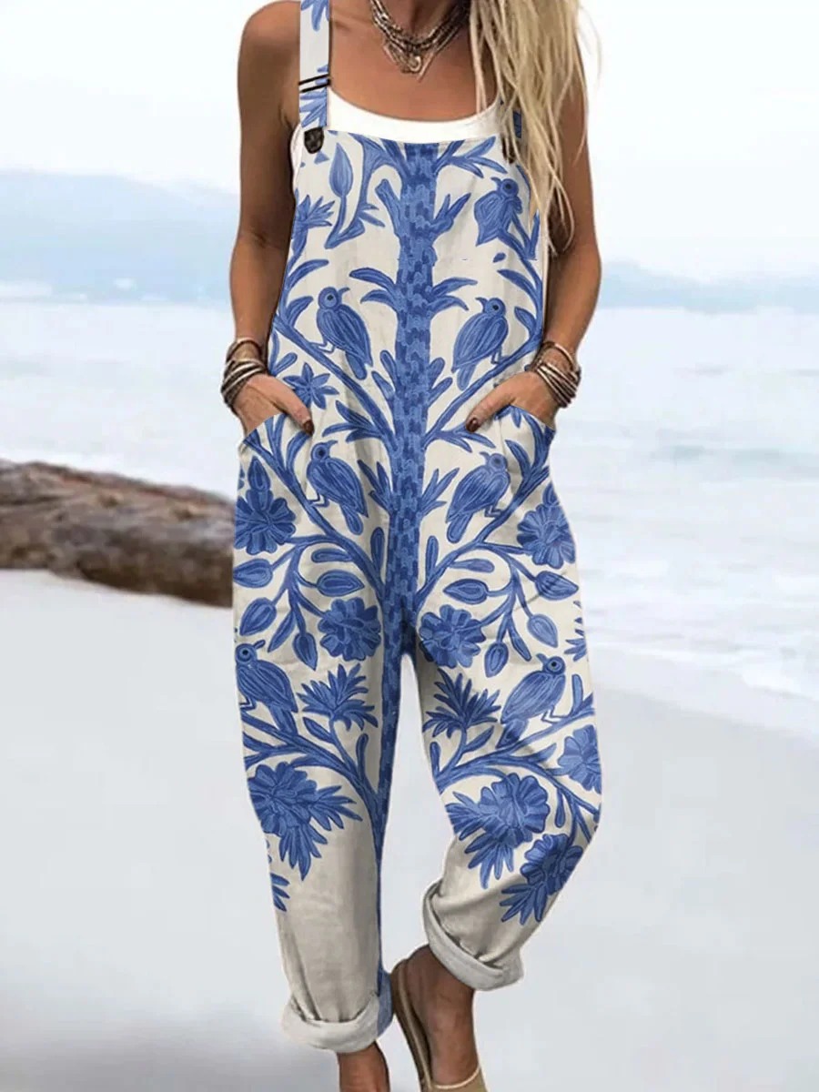 Women's Vintage Floral Art Print Casual Cotton And Linen 3/4 Sleeve Shirt