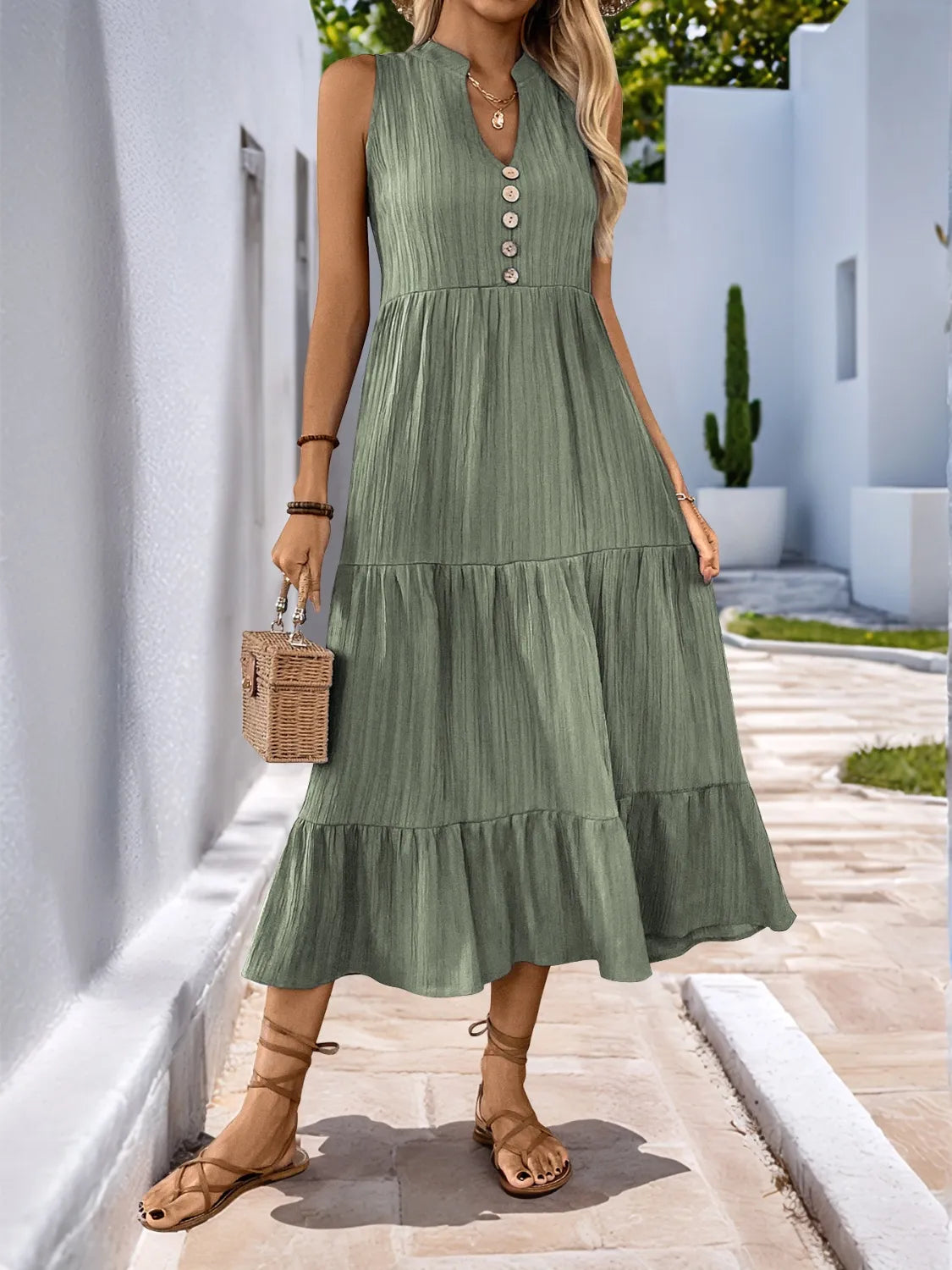 Notched Sleeveless Midi Tiered Dress