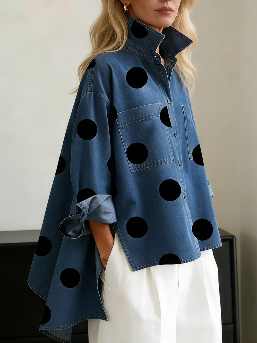 Elegant Artistic Polka Dot Print Stand-collar Denim Top