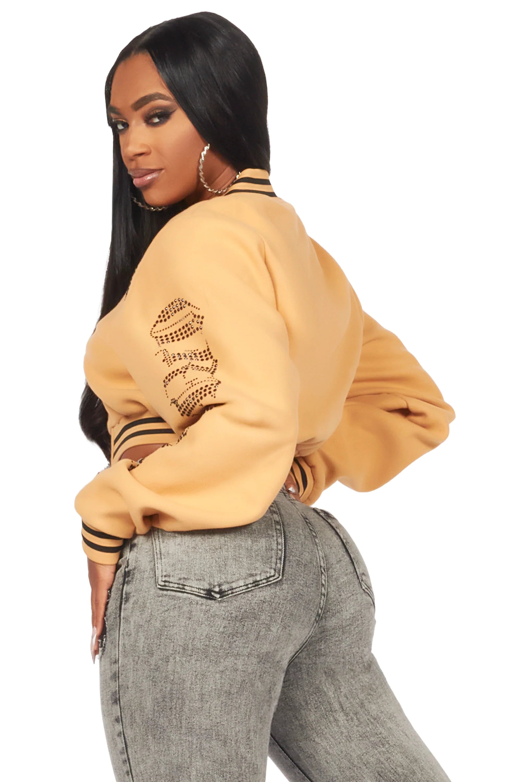 Gianni Tan Crop Rhinestone Varsity Jacket