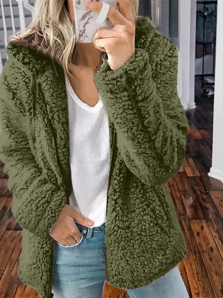 Women Causal Zipper Long Sleeve Hooded Teddy Coat Top