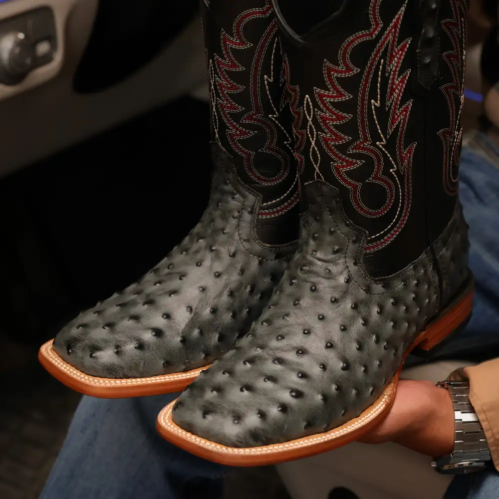 Grey Ostrich Leather Boots — Square Toe