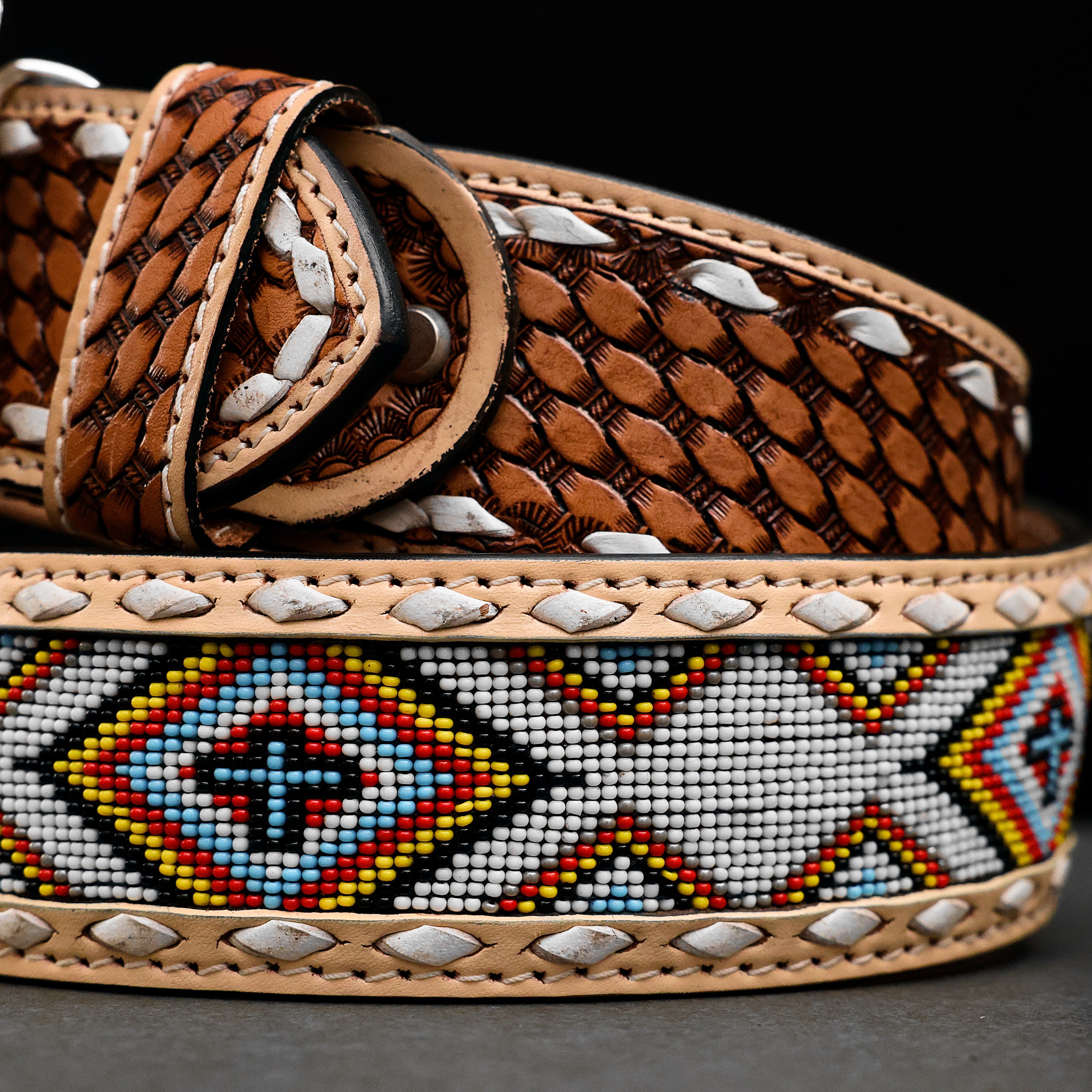 2 Inch Hand-Tooled Artesanal Beaded Leather Belt