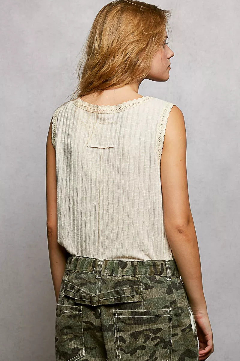 POL Ribbed Round Neck Tank with Lace Trim