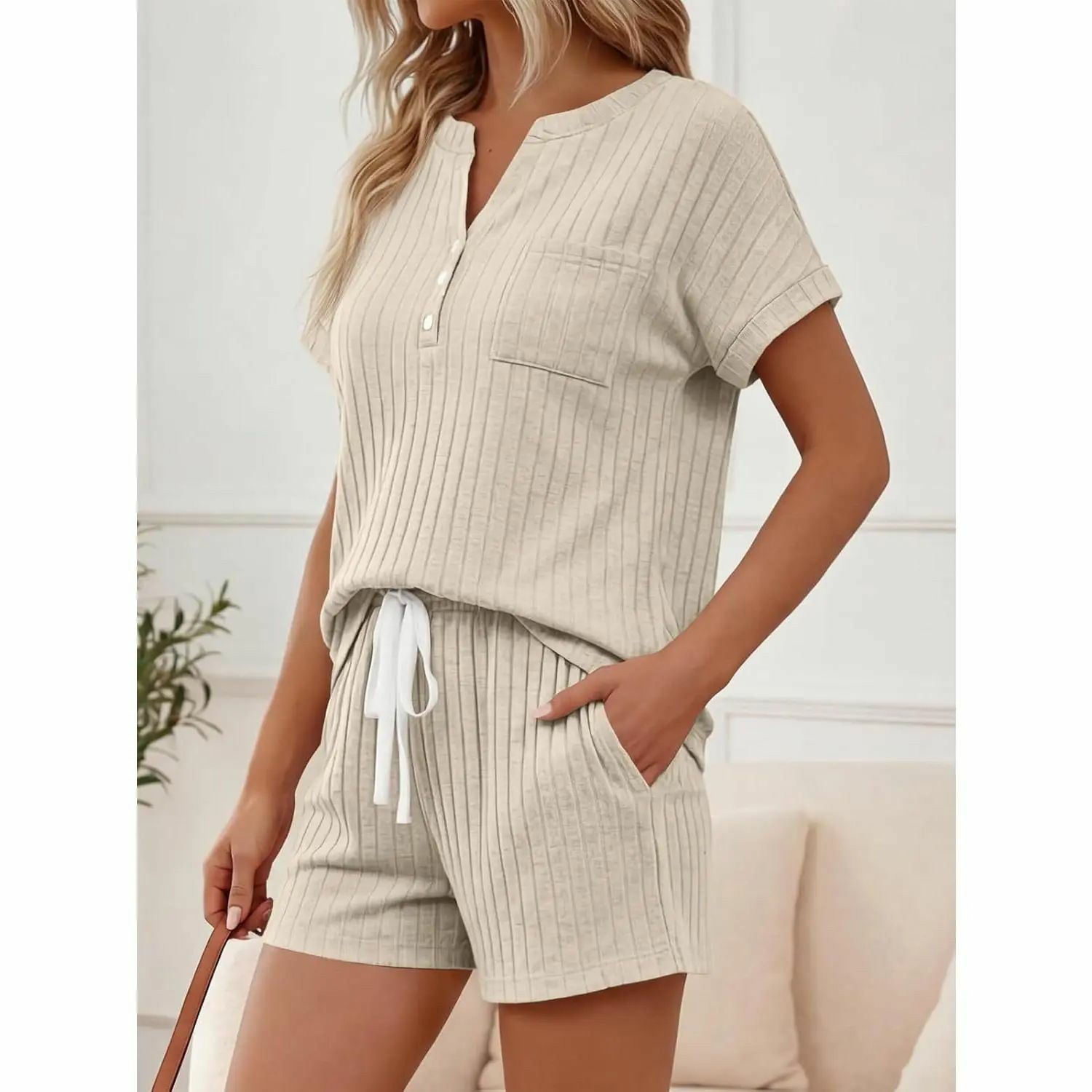 2 Piece Short Sets for Women Summer 2026 Lounge Short Sleeve Henley Outfits Sweatsuit with Pocket