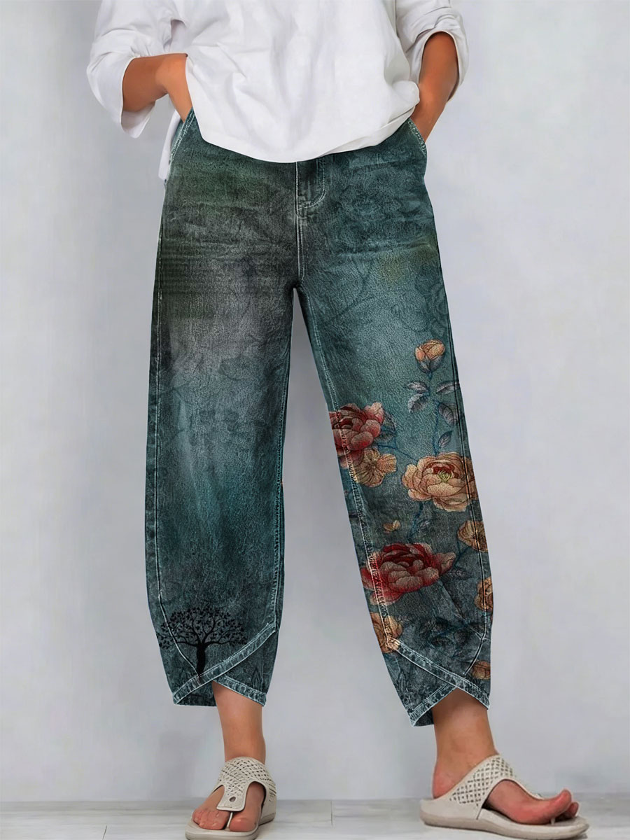 Women's Vintage Flowers Floral Patterns Art Prints Casual Denim Cotton Pants