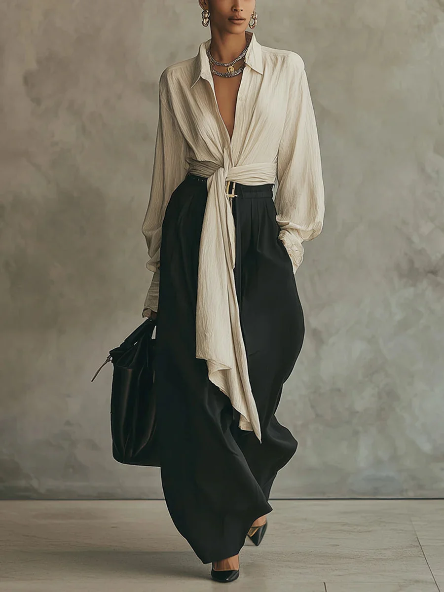 Elegant Minimalist Tie Shirt And Wide-leg Pants Two-piece Set