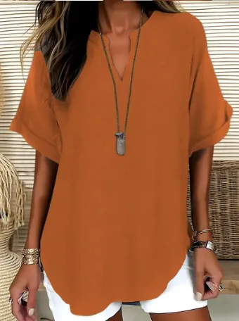 Women's Casual Solid Color Short Sleeve Blouse – Versatile Plain Top for Daily Wear, All-Season Comfort