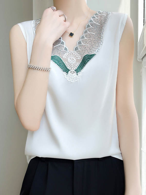 Embroidered Mesh Split-Joint Loose Sleeveless V-Neck Vest Top
