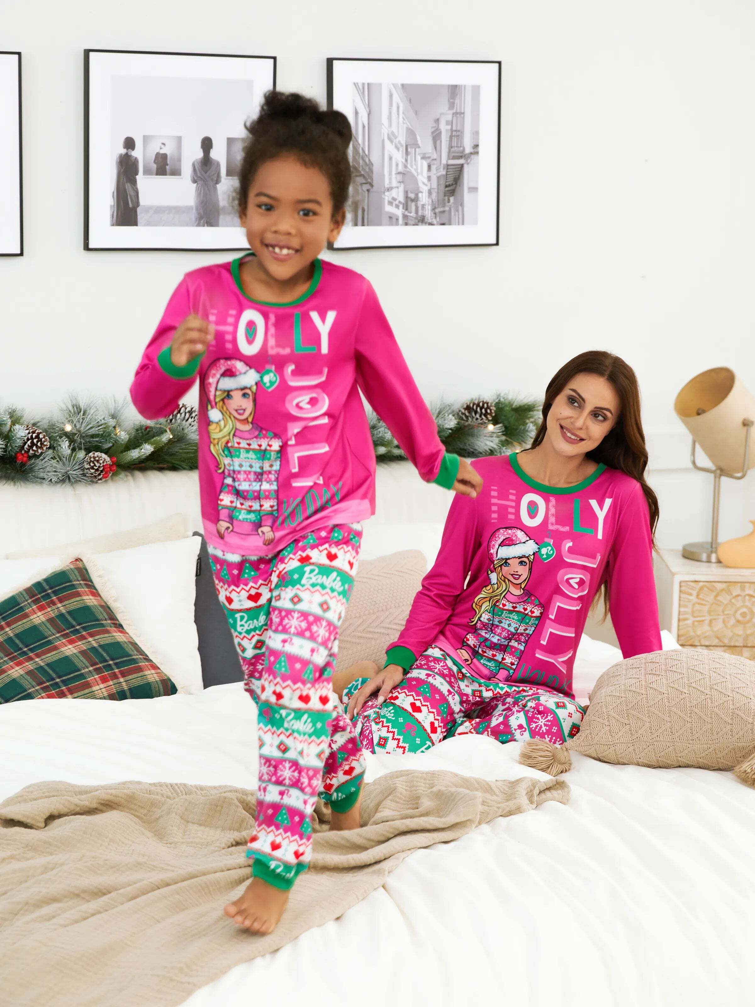 Barbie Mommy and Me Christmas Long-sleeve Graphic Print Pajamas Sets with Christmas Socks