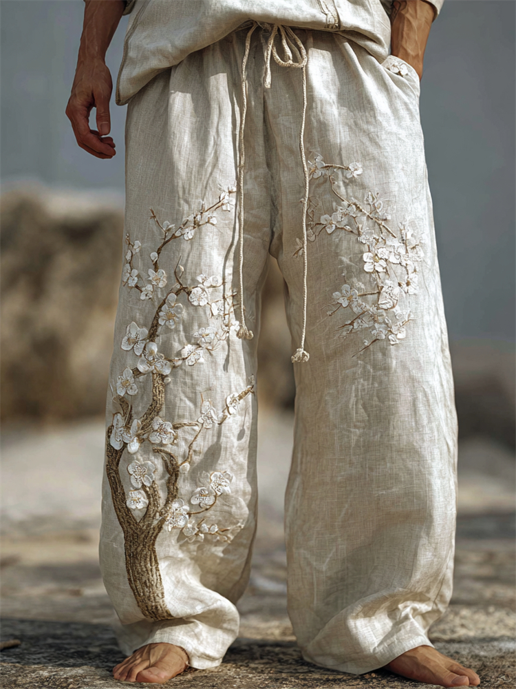Men's White Almond Blossom Embroidered Flowy Wide Leg Linen Pants