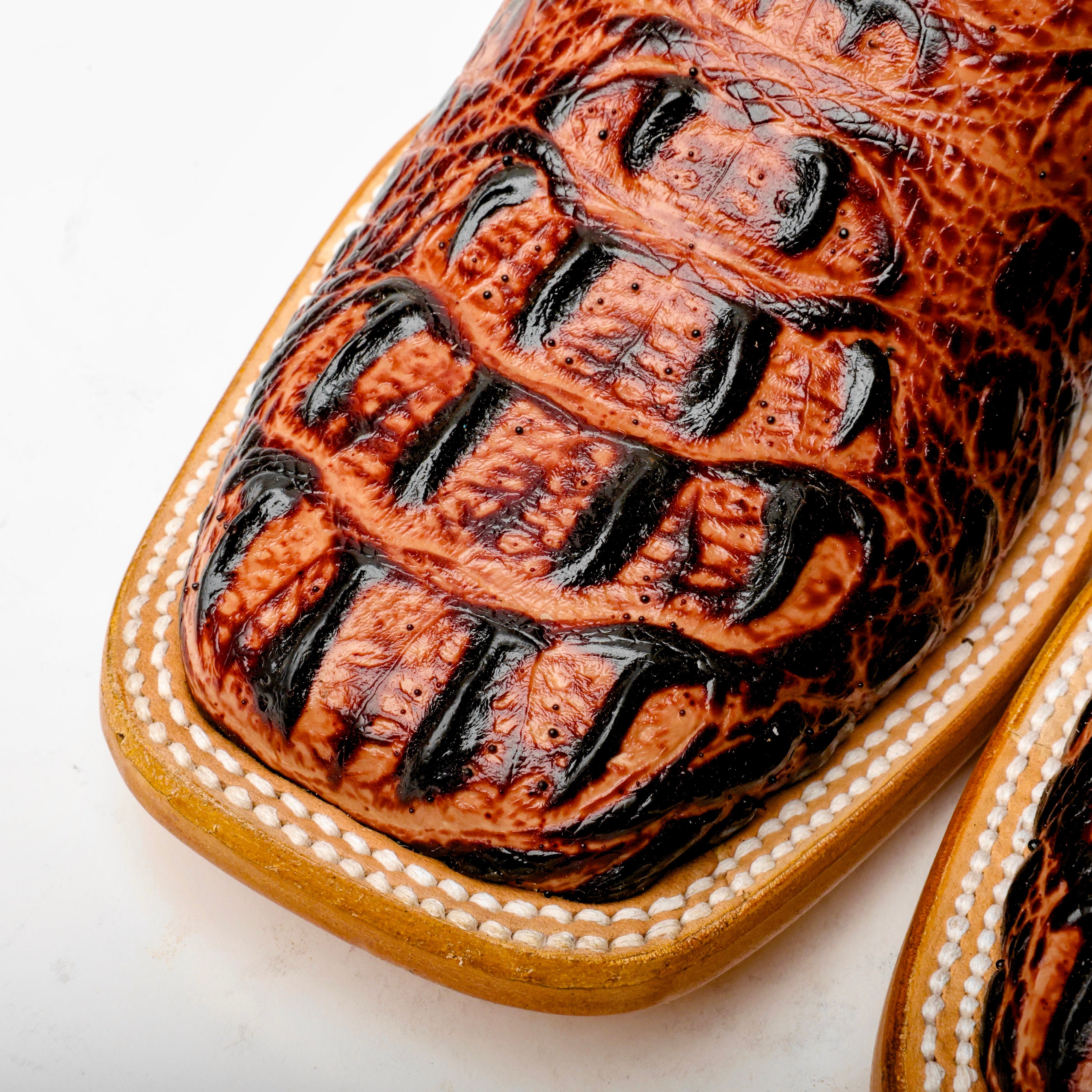 Cognac Caiman Neck Leather Boots - Square Toe