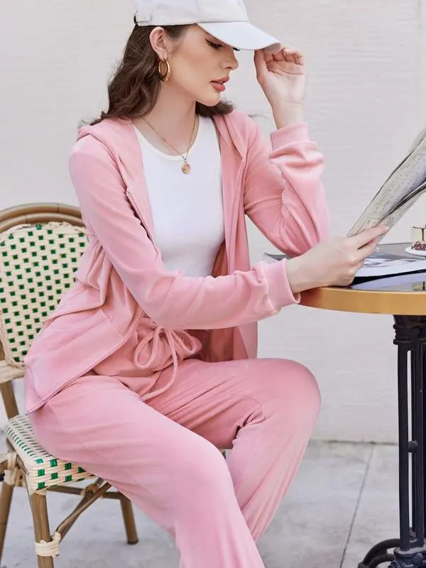 Women's Casual Velour Tracksuit Set Full Zipper Hoodie & Workout Pants Velvet