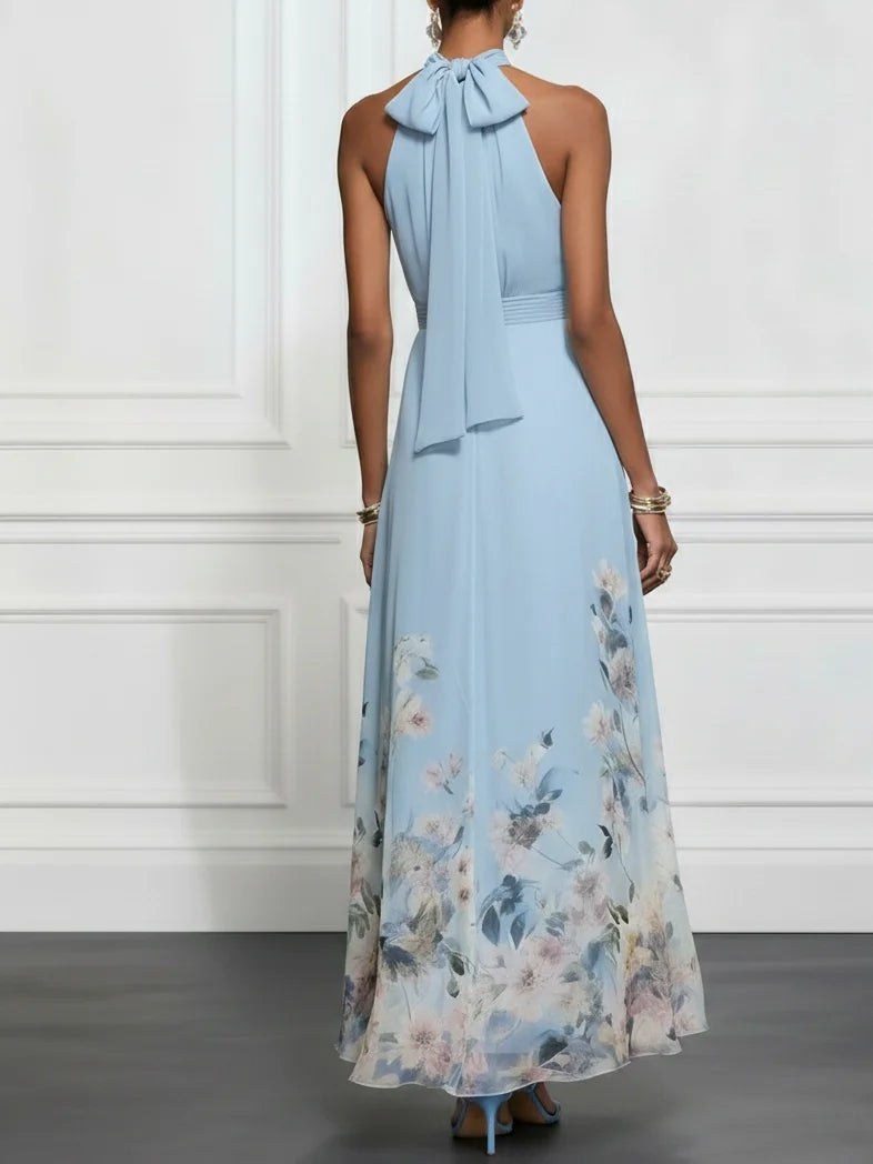 Light Blue Floral Chiffon Halter Sleeveless Maxi Dress
