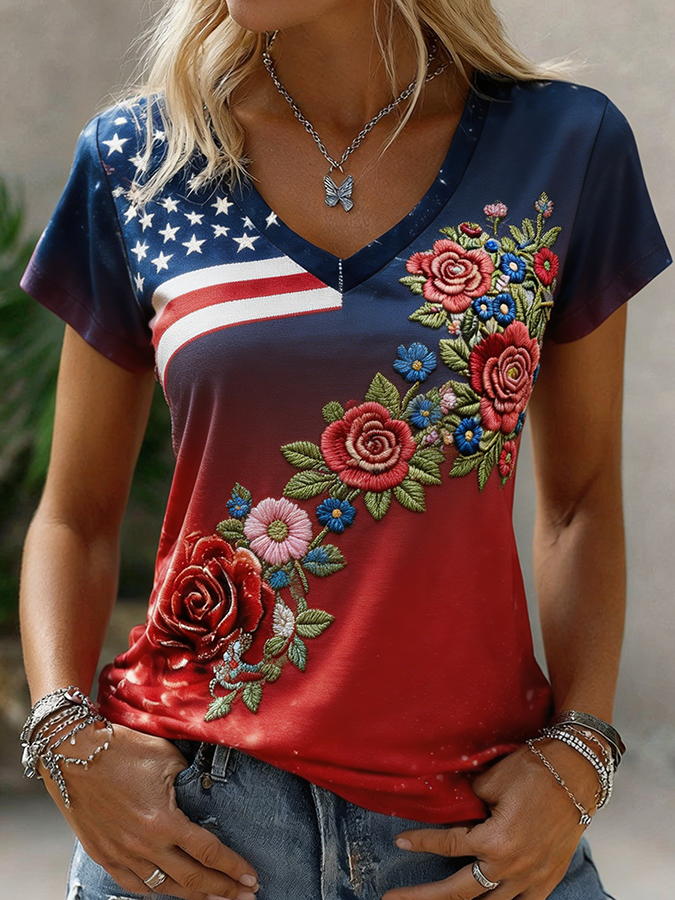 Women's Patriotic American Flag Floral Embroidered V-Neck T-Shirt