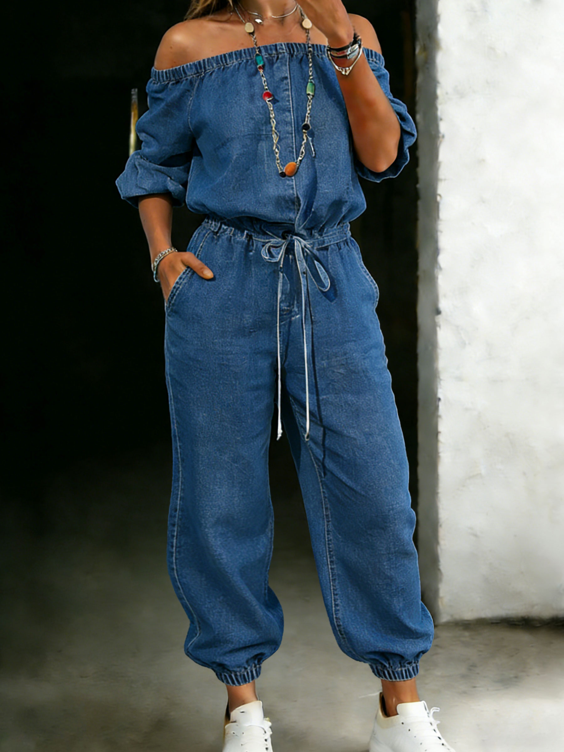 Women’s Casaul Off Shoulder Cotton One Piece Denim Jumpsuit