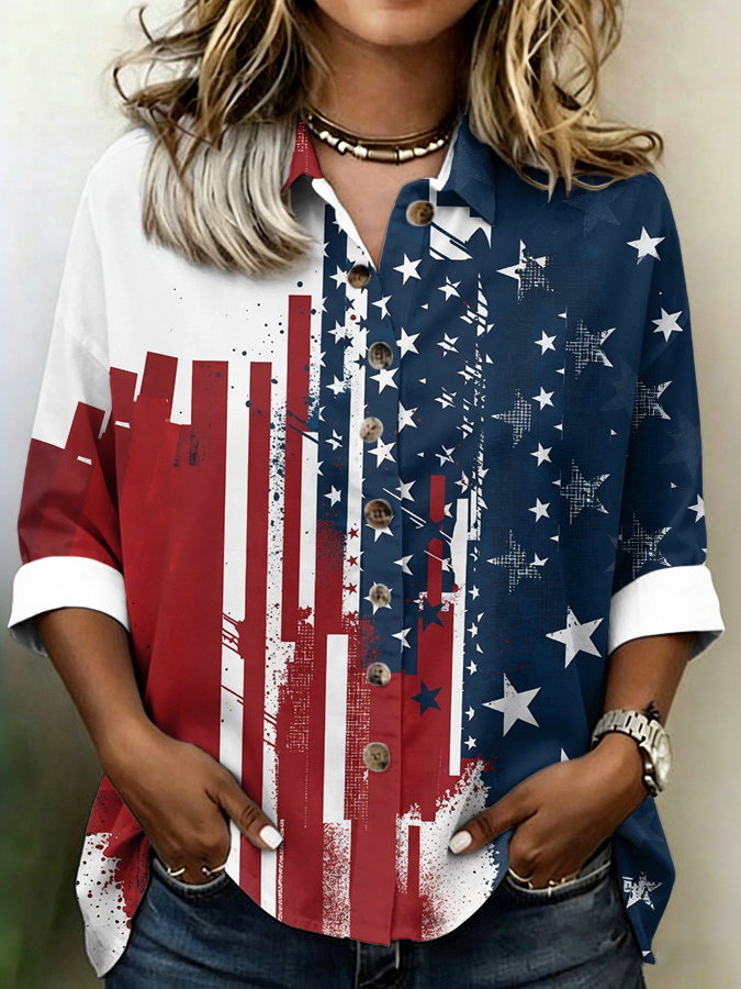 Women'S Retro Independence Day Citibank Printed Cotton And Linen Shirt