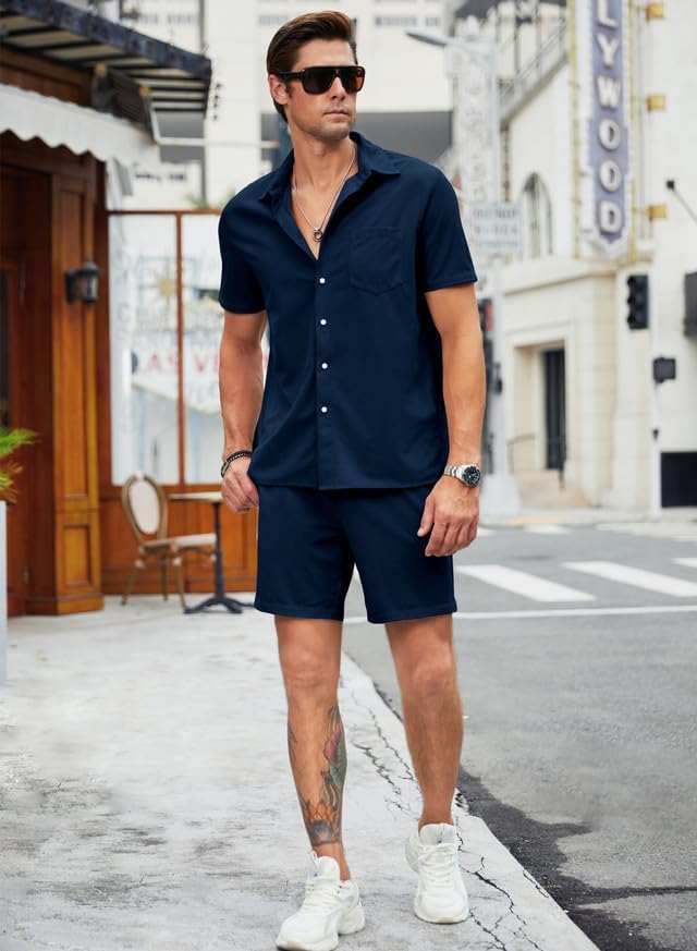 Men's 2 Piece Outfits Casual Button Down Short Sleeve Shirts Shorts Summer Beach Sets