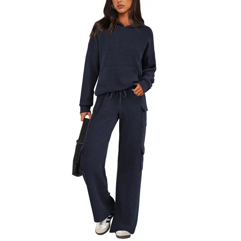 Women's Fall Knitted Hoodie Tracksuits Wide Leg Pants With Pocket Sets