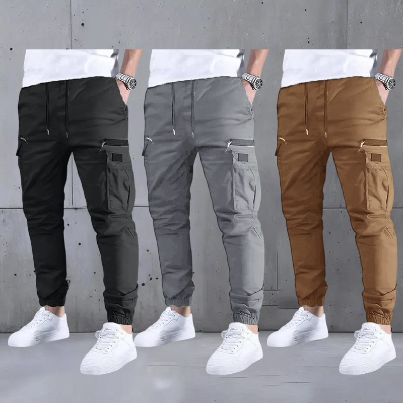 Men’s long cargo pants with a drawstring waist and multiple pockets