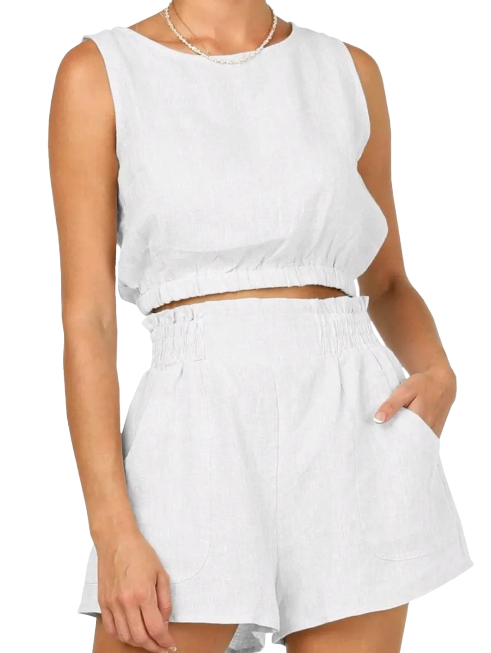 FISOEW Women's 2-Piece Summer Set – Sleeveless Crop Top & High-Waist Pocket Shorts, Casual Breathable Lounge Outfit