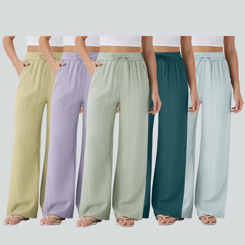 Women's High Waisted Drawstring Pocket Wide Leg Casual Linen-Feel Pants