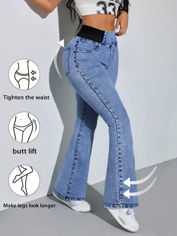 Women's Back Shirred Jeans, Mid - Rise Elasticity Waist Flared Jeans