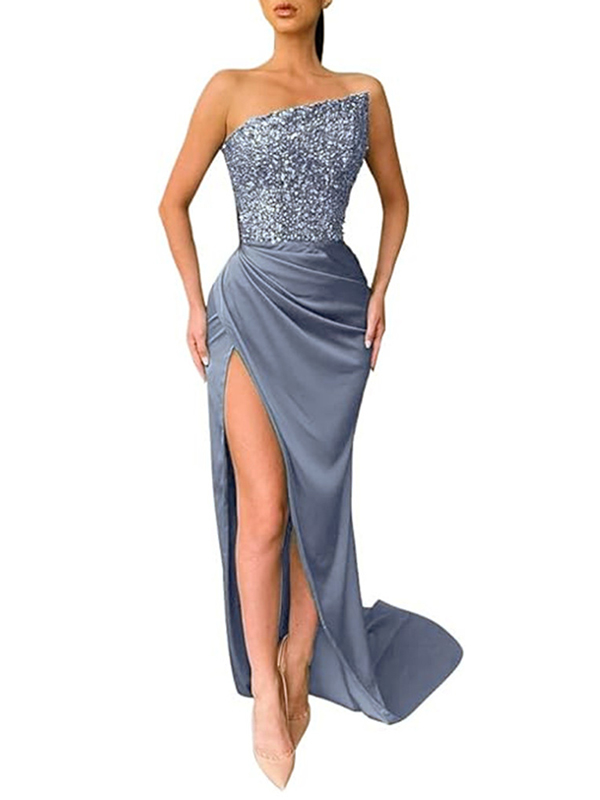 Shiny Sequinned Off-The-Shoulder Sleeveless Asymmetric Split-Side Wrap Evening Maxi Dresses