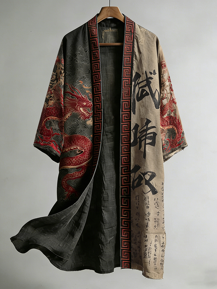 Retro Calligraphy And Dragon Pattern Linen Long Kimono