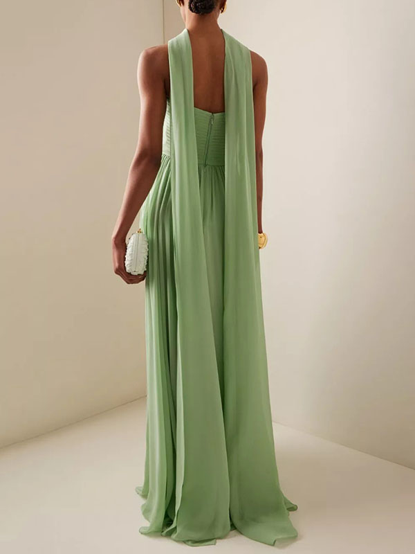 Solid Color Pleated Sleeveless Tube Vacation Chiffon Maxi Dresses