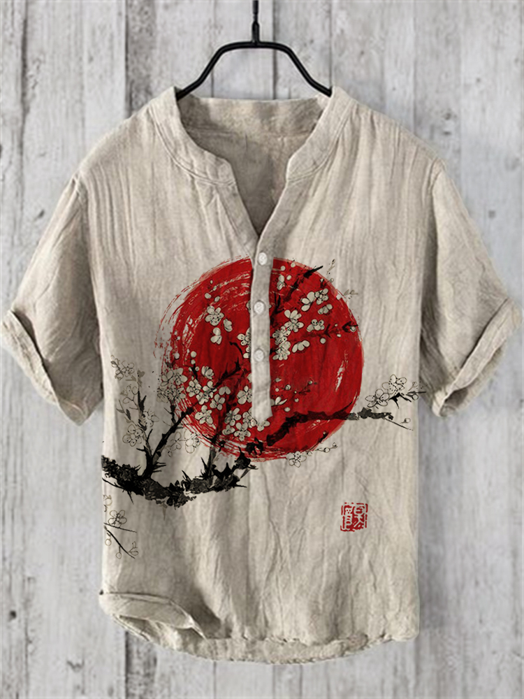 Plum Blossom Sunrise Japanese Art Linen Blend Shirt